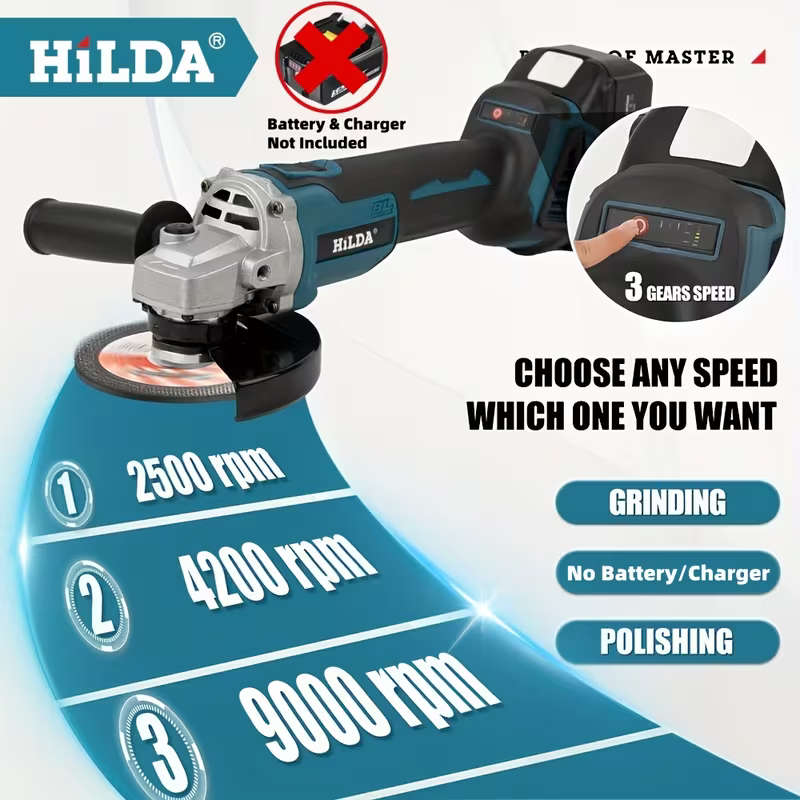 HILDA Brushless Cordless Angle Grinder with 5 Discs