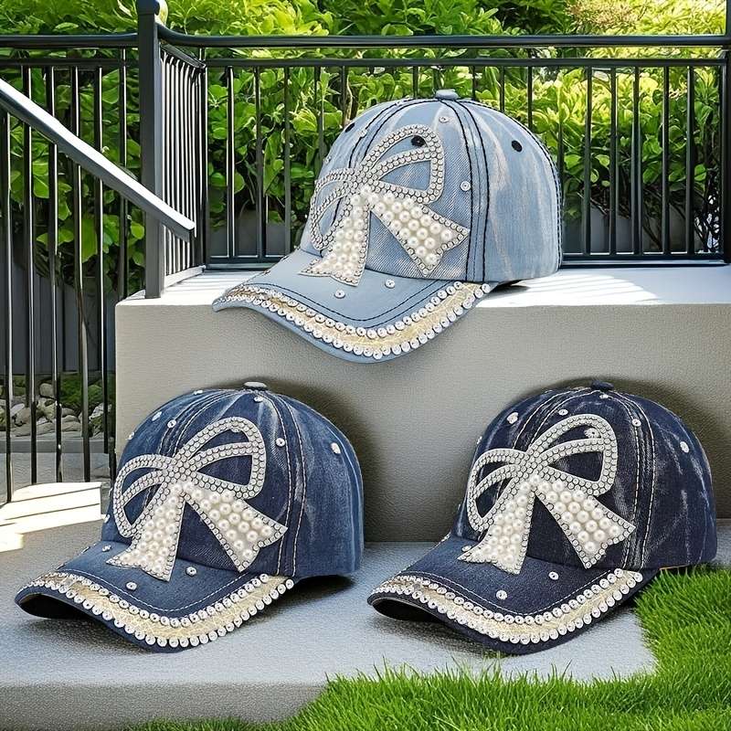 1pc Acrylic Baseball Cap with Hand- Bow Adjustable Sun Hat for Women High Quality Stretchy