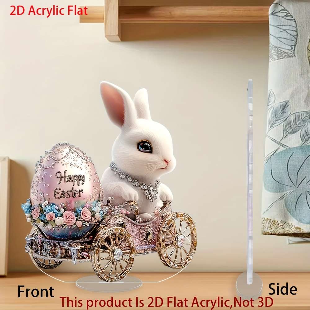 1pc 2D Flat   Easter Bunny Acrylic Ornament  Rabbit Riding Decorative Egg with Floral D
