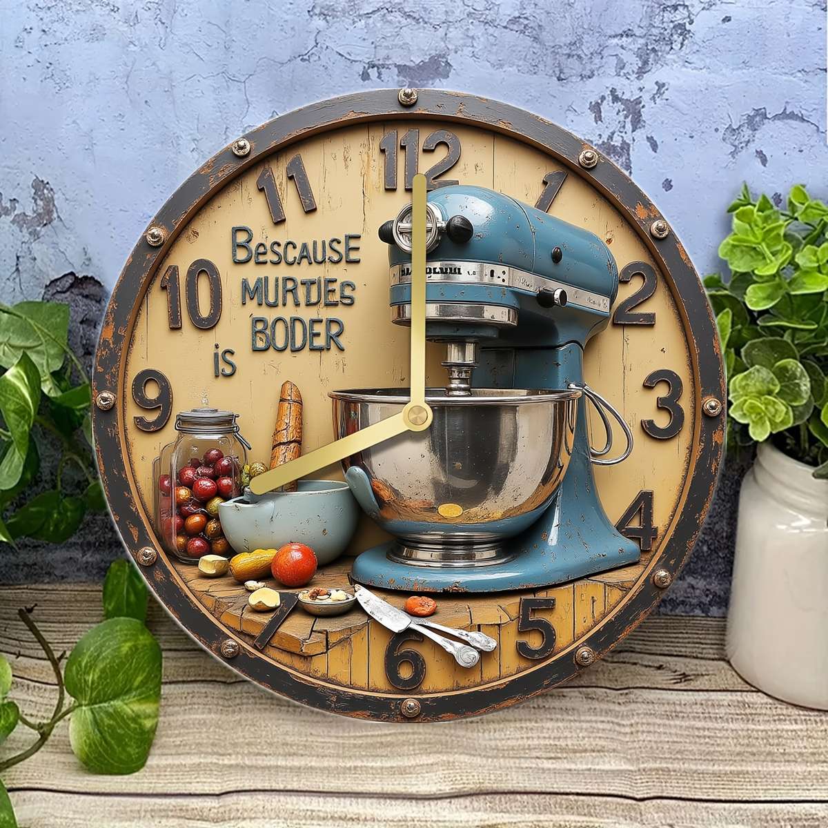 1pc Vintage Kitchen-Themed 20.32x20.32 cm Silent Wall Clock Aluminum Retro Design with Blue Wh