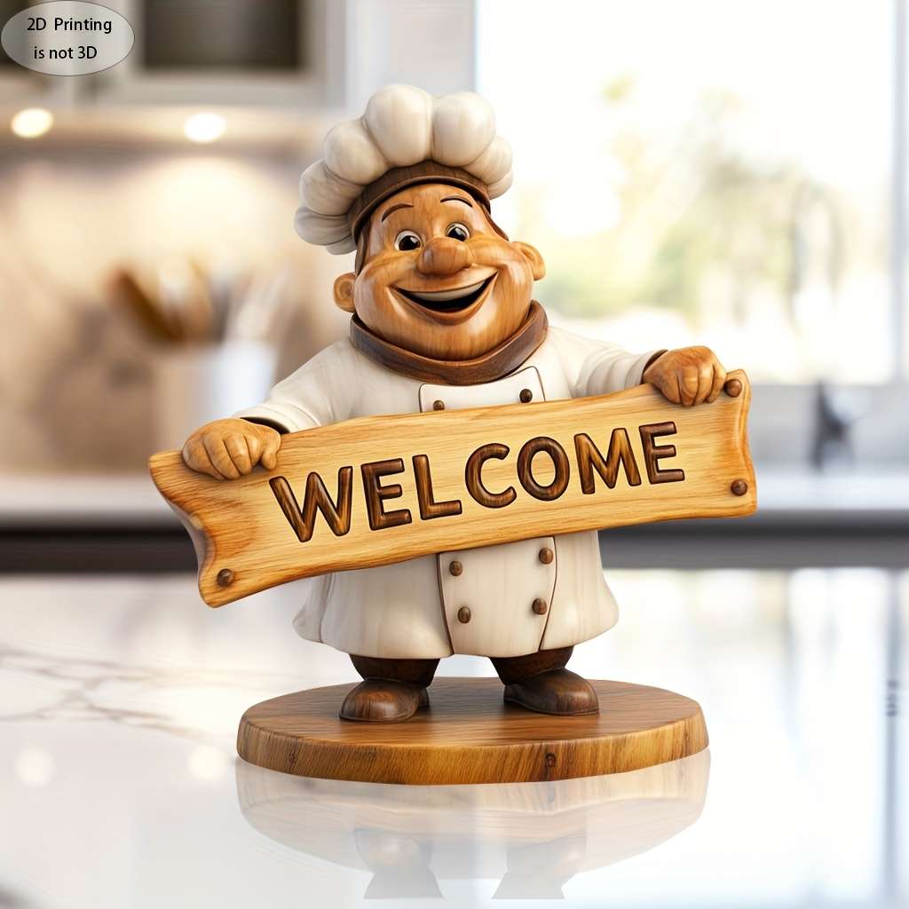 2D Flat Handmade Wooden Welcome Sign Sculpture with Chef Figurine Elegant 2D Printed Home T