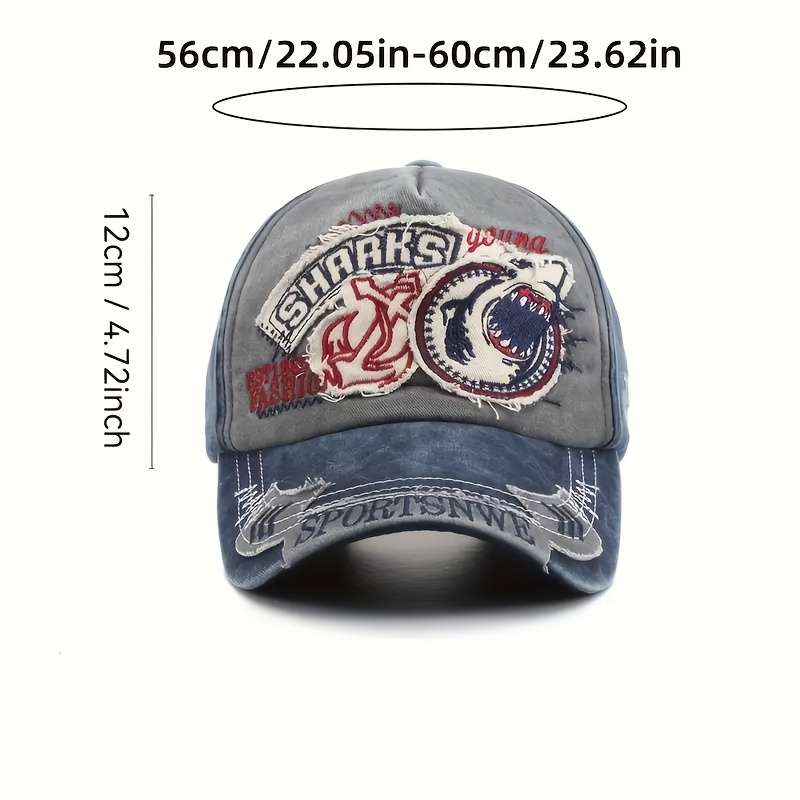 1pc Unisex Vintage Washed Baseball Cap with Shark Embroidery Adjustable Trucker Hat for Men Wom