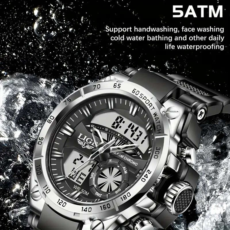 Men's Sports Dual Display Watch Silvery Black