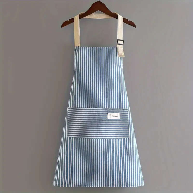 1pc Striped Polyester Apron with Pockets Breathable Waterproof Oil-Resistant Adjustable Neck Strap f
