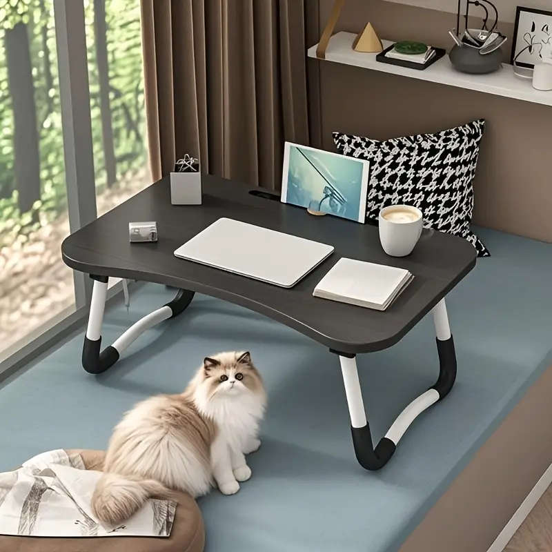 1pc Portable Folding Bed Table - Wood Fiberboard Compact Computer Desk with Sleek Black Surface & Wh