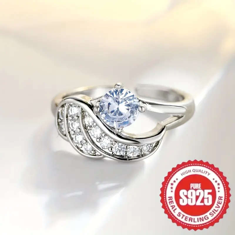 Wing shaped 925 Sterling Silver Plated Inlaid Synthetic Zirconia Ring with adjustable size