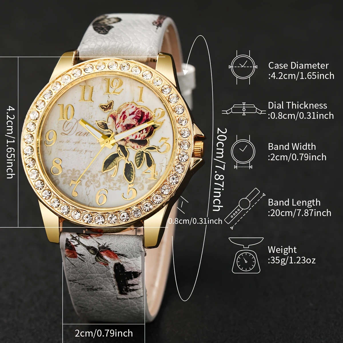 5pcs set Elegant Women'S Quartz Watch and Bracelet Combo Floral Dial Round Alloy Case Faux Leather B