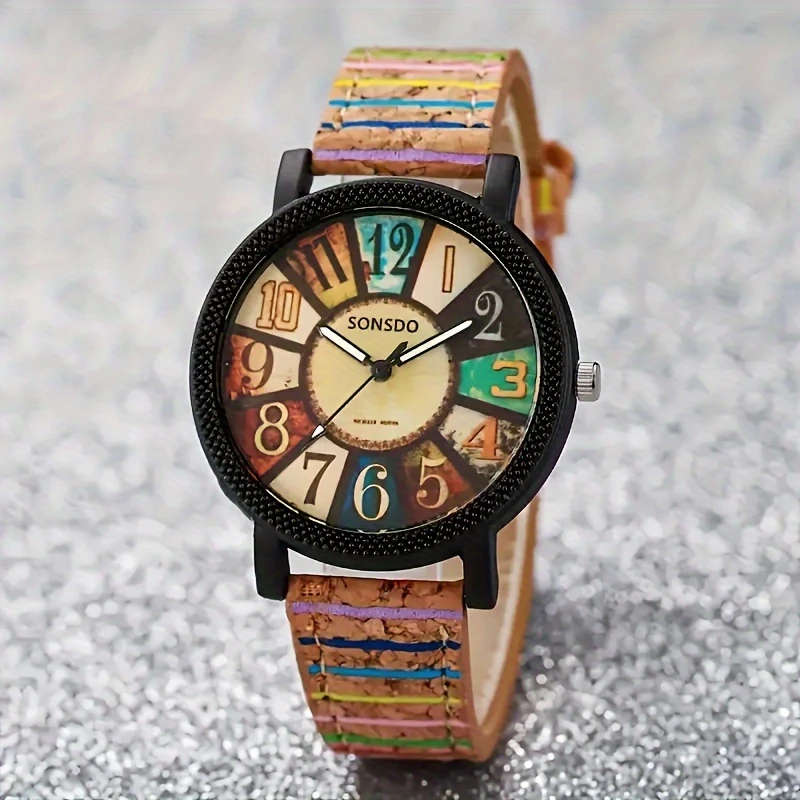 1Pc Women'S Wooden Quartz Wrist Watch Fashionable Alloy Case and Faux Leather Band