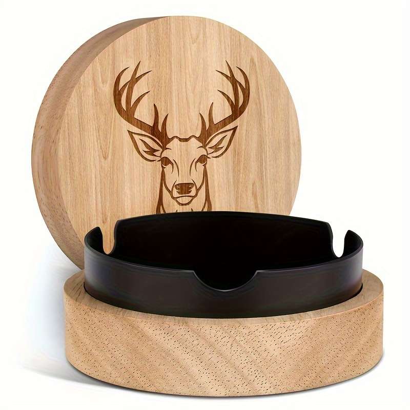 1 Oak Deer Head Pattern Ashtray Creative Fly Ash Ashtray With Lid Home Office Car Wooden Asht
