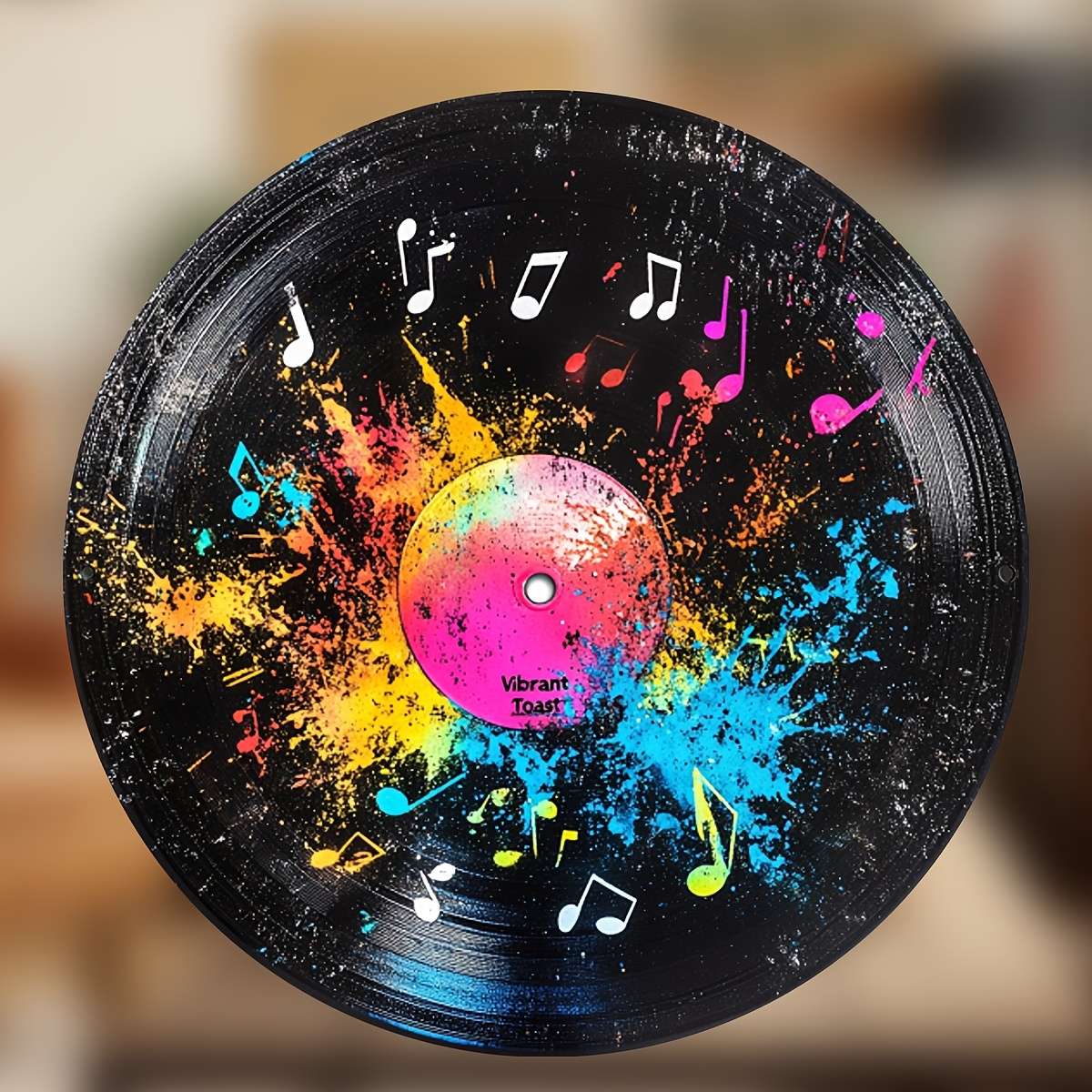 1 Retro Vinyl Record-Themed Wooden Wall Decor Colorful Splatter Musical Notes Round Plaque