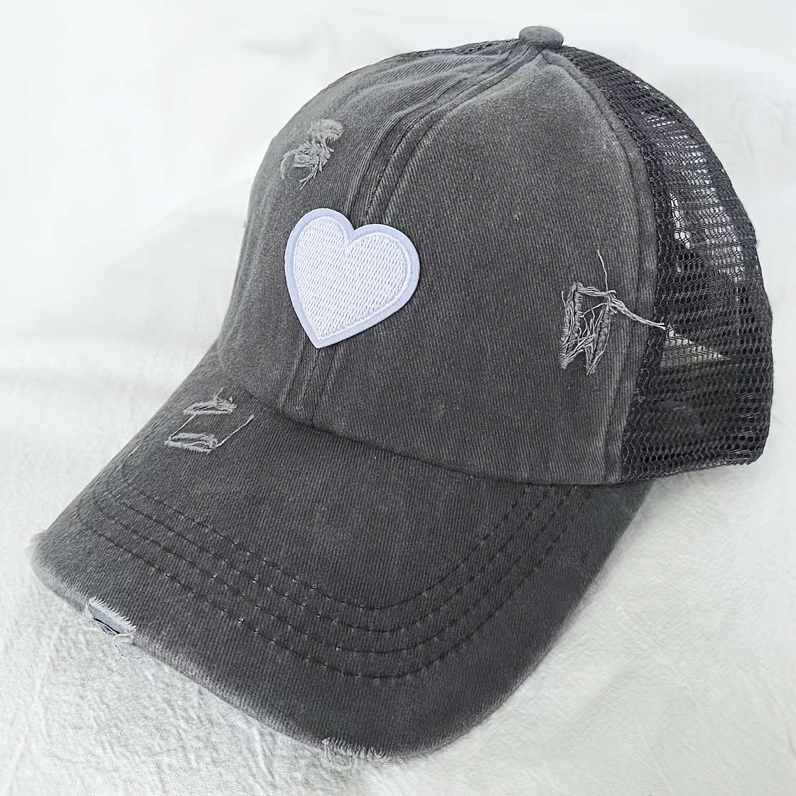 Adjustable Women's Baseball Cap with Ponytail Hole Distressed Black Mesh Trucker Hat with Hear