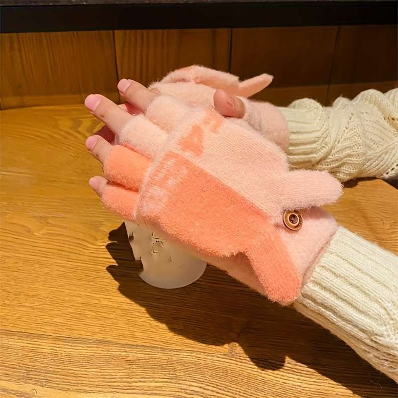 1 Pair Flip Letter Rabbit Ears Beige Warm Gloves