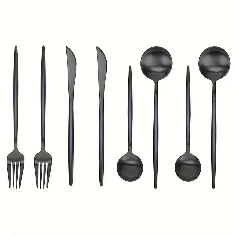 8 Piece Black Stainless Steel Cutlery Set with Knives, Forks, Spoons & Dessert Spoons