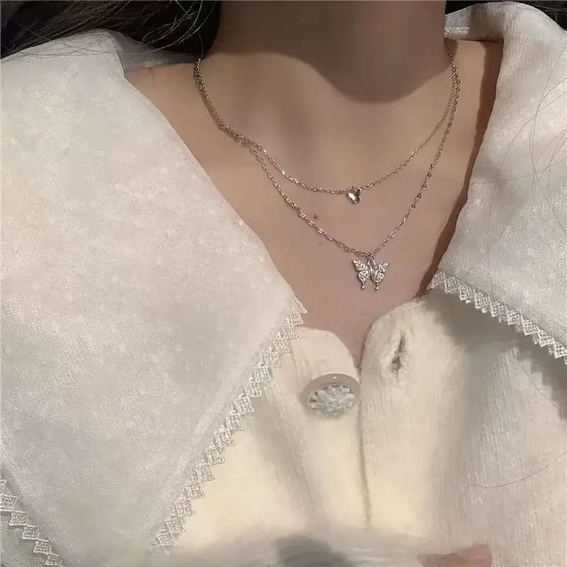 Genuine Stainless Steel Necklace Double-Layer Butterfly