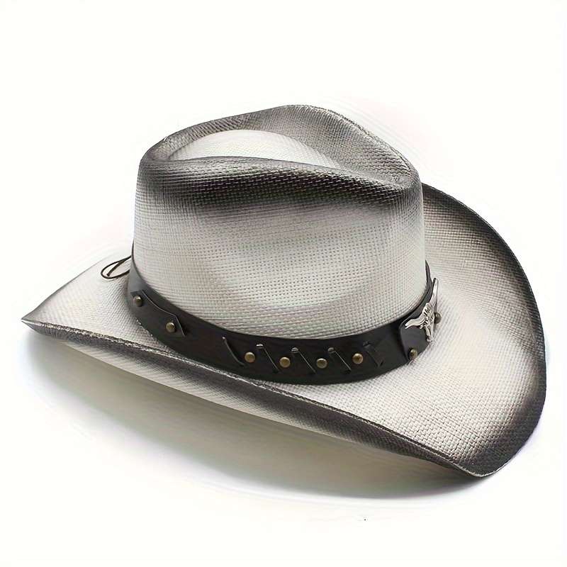 1pc Vintage Western Cowboy Hat with Intricate Silvery Horse Buckle Decor Black Faux Leather B