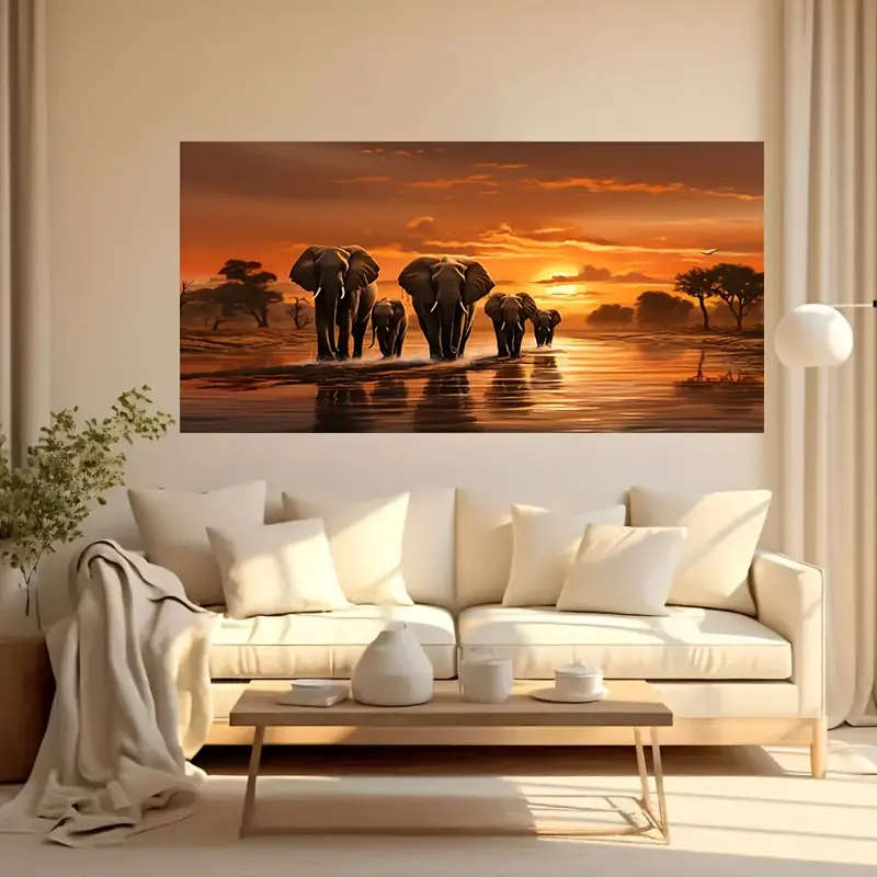 1pc Elephant Family Canvas Art Print 23.6x47.2in 60x120cm Unframed African Wildlife Park Wall Decor