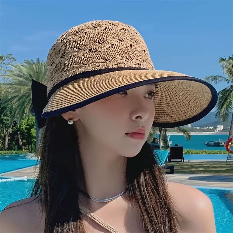 1pc Womens Stylish Summer Straw Sun Hat with Bowknot Breathable Foldable UV Protection Wi