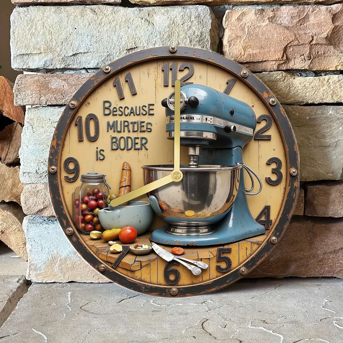 1pc Vintage Kitchen-Themed 20.32x20.32 cm Silent Wall Clock Aluminum Retro Design with Blue Wh