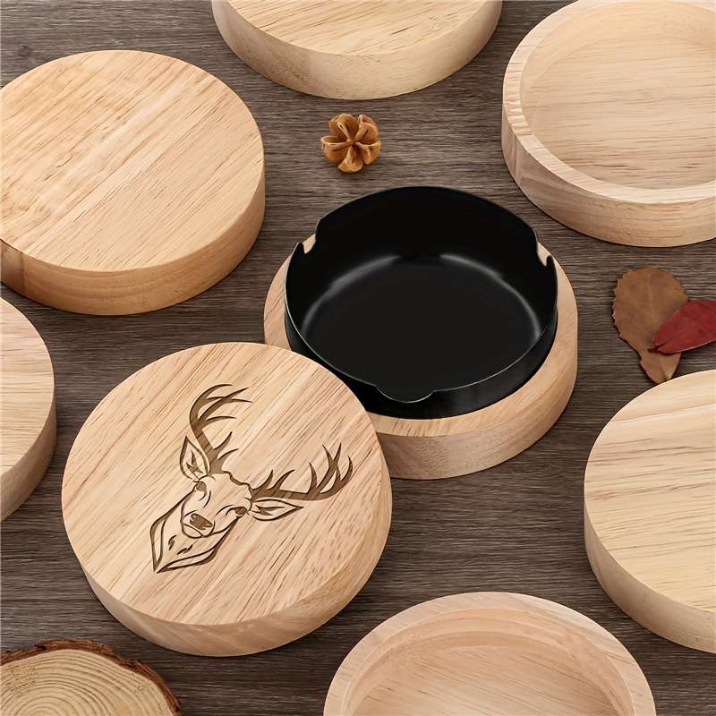 1 Oak Deer Head Pattern Ashtray Creative Fly Ash Ashtray With Lid Home Office Car Wooden Asht