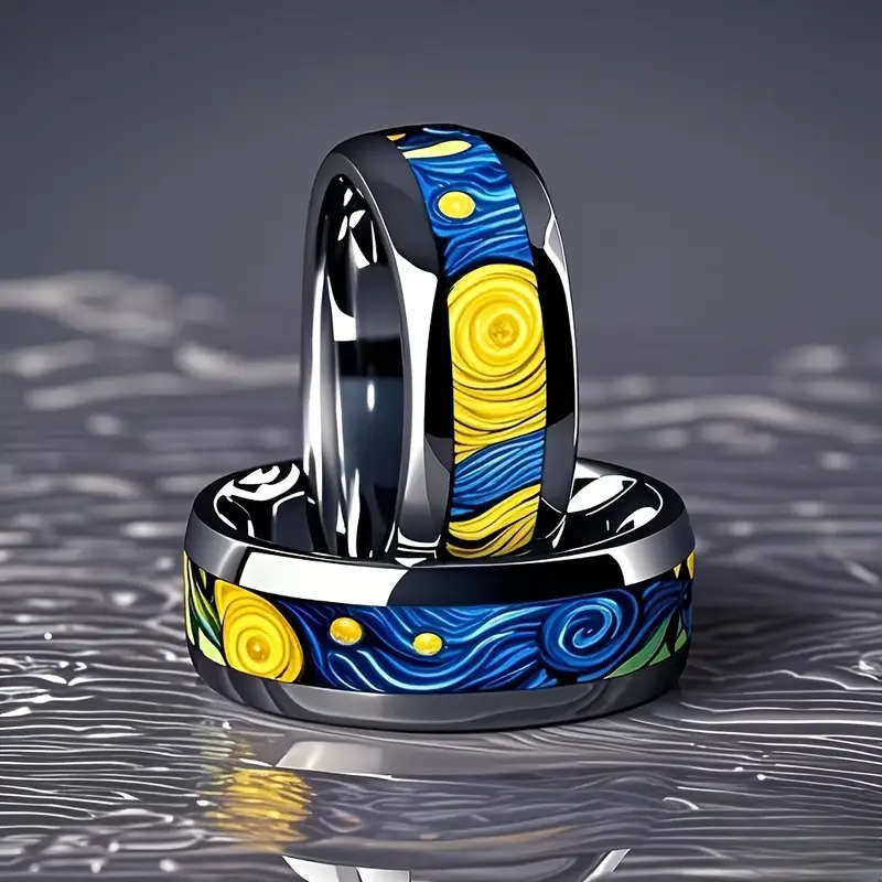 Van Gogh Starry Night Inspired 304 Stainless Steel Ring for Men - 8mm