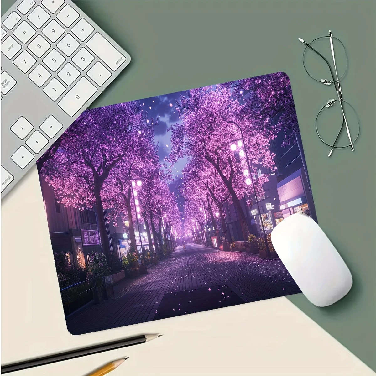 1pc 21x26cm Romantic Night Sakura Street Pattern Rubber Non-Slip Mouse Pad