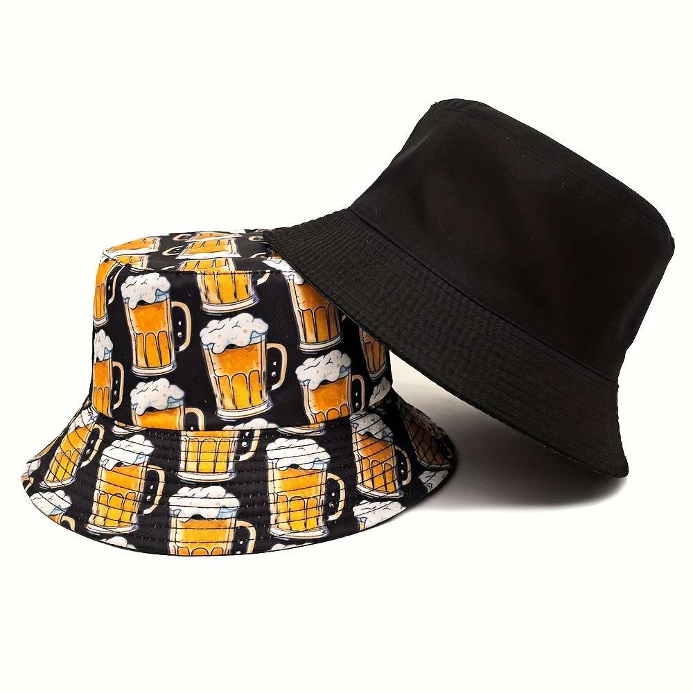 FUODRAO Men'S Stylish Beer Print Bucket Hat Double-Sided Sun-Protective Beach Cap
