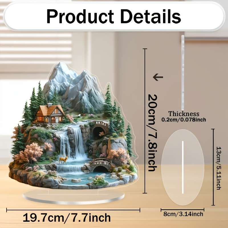 1pc 2D Flat  Decoration Charming Acrylic Mountain House Decoration with Waterfall and Forest La