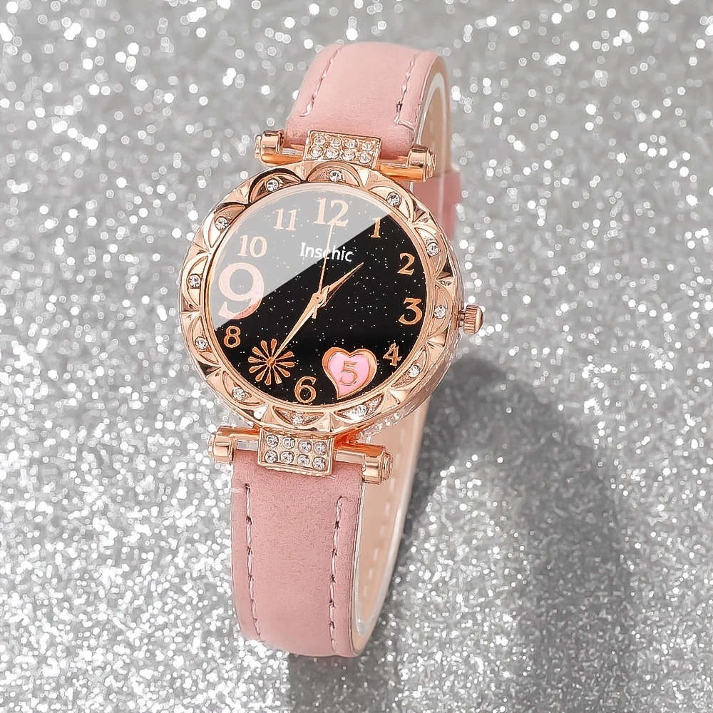 6pcs set Simple Style Quartz Watch and Jewelry Set for Women Round Zinc Alloy Case Faux Leather Band