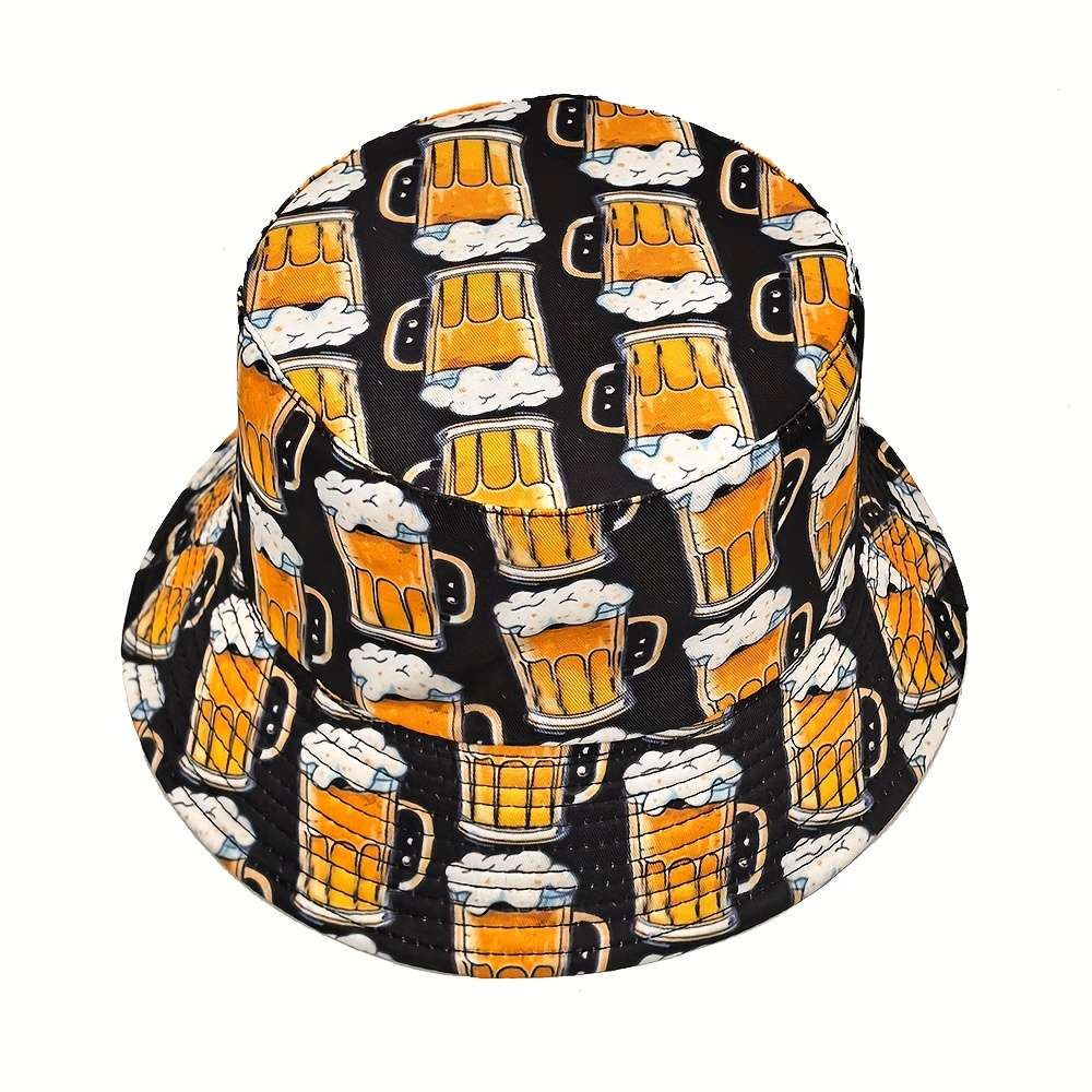 FUODRAO Men'S Stylish Beer Print Bucket Hat Double-Sided Sun-Protective Beach Cap