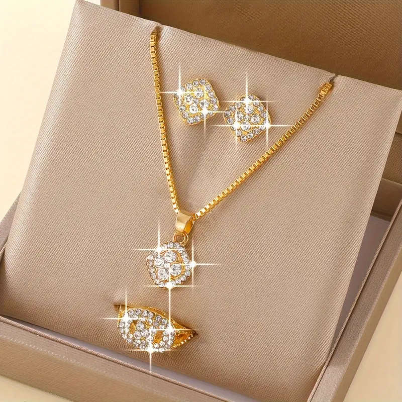 1 Necklace + 1 Pair Of Earrings + 1 Ring with  Rhinestone Jewelry Set