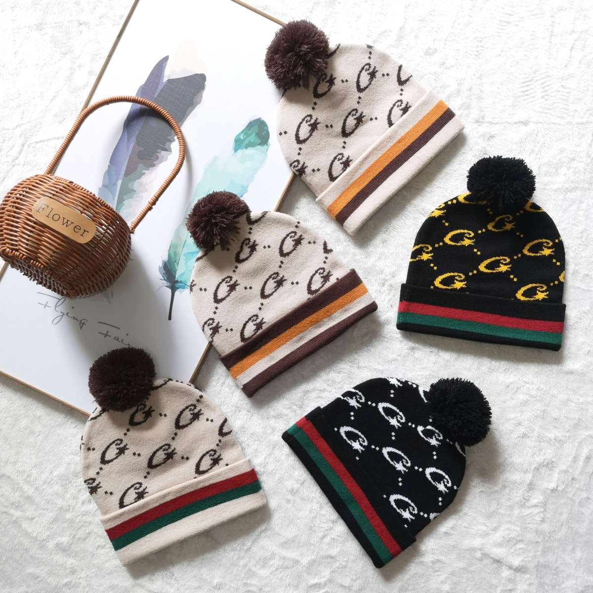 Y2K Polyester Knit Beanie Double-Sided Patterned Striped Turn-Up with Pom-Pom Unisex Fash