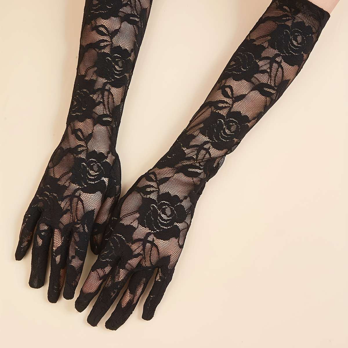 1 Pair Black Lace Flower Dark Style Long Gloves