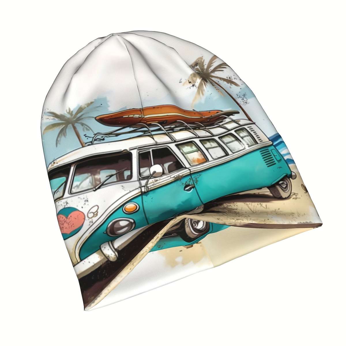 Funky Beach Bus Palm Tree Design Beanie Hat Soft Lightweight Polyester Blend Perfect