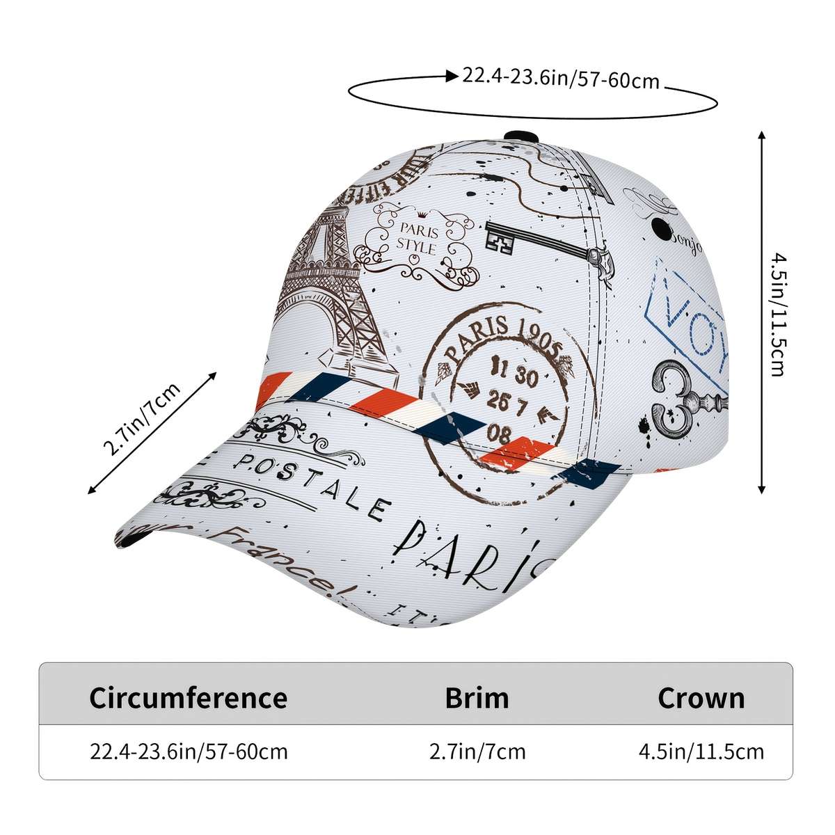 Lightweight Quick-Dry Baseball Cap with Eiffel Tower Postmark Design Sporty Polyester Runni