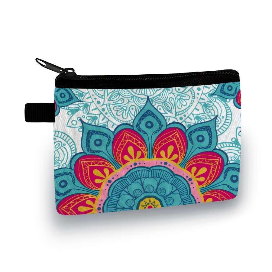 Stylish Mandala Print Zipper Pouch Lightweight Durable Polyester Coin Purse With Vibrant Flor