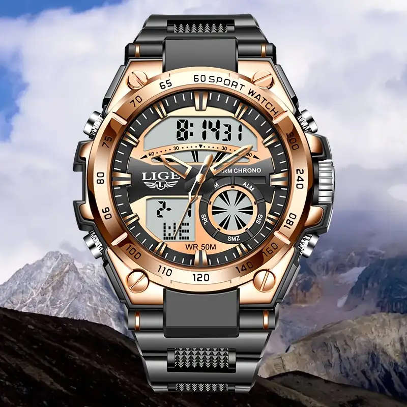 Men's Sports Dual Display Watch Silvery Black