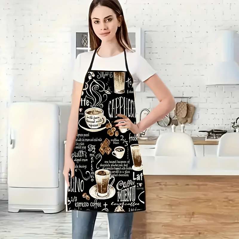 1pc Coffee-Themed Apron Black Polyester Colorful Espresso Latte Design Perfect for Home