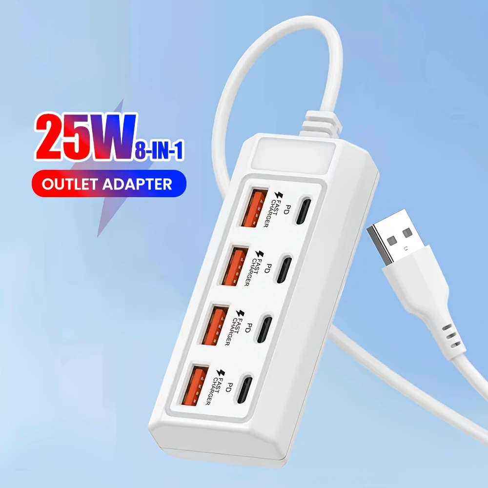 1pc 8ports USB Adapter 4USB+4PD 25W Hub Fastcharging Multi-Interface Fast Charging Wide Compatibilit