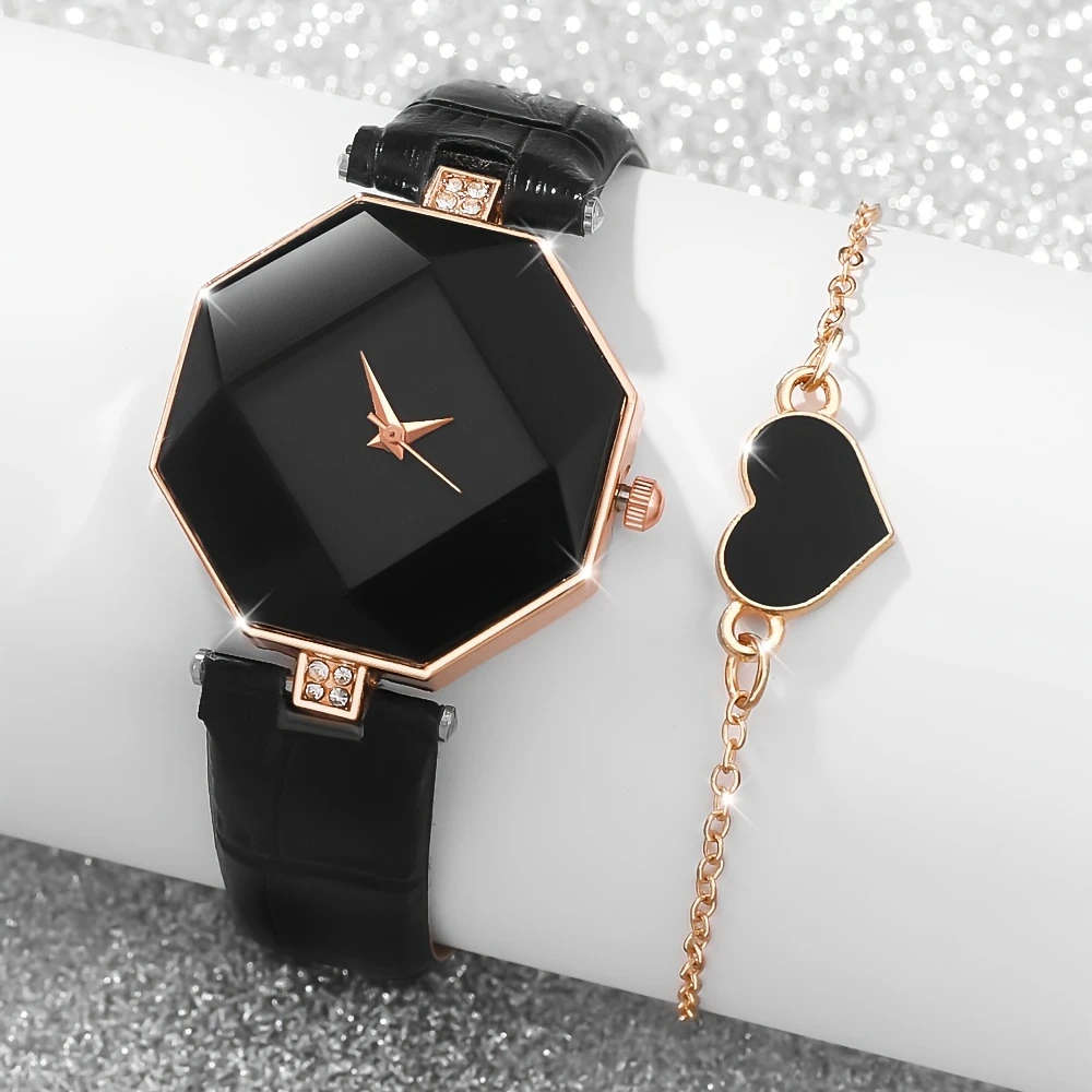 2pcs Set Elegant And Fashionable Women's PU Leather Strap Quartz Watch Exquisite Love Bracelet Suita