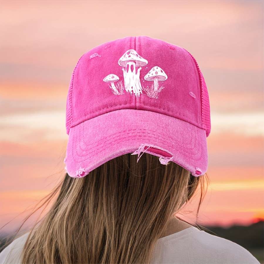 Adjustable Retro Baseball Cap with Mushroom Print C Breathable Washable Dad Hat