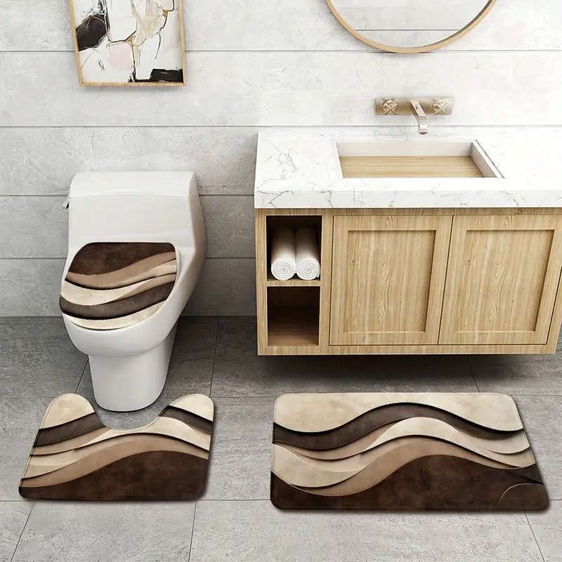 3 Piece Modern Abstract Wave Texture Bathroom Mat Set