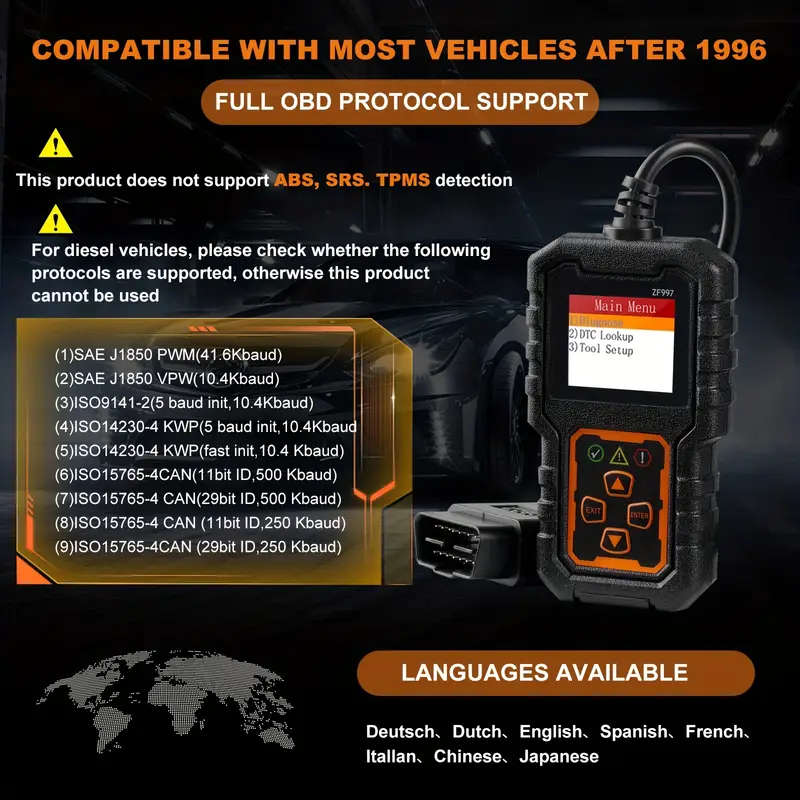 ZF997 OBD2 Car Scanner Engine Fault Diagnostic Tool USB Powered Compatible with All Vehicles Since