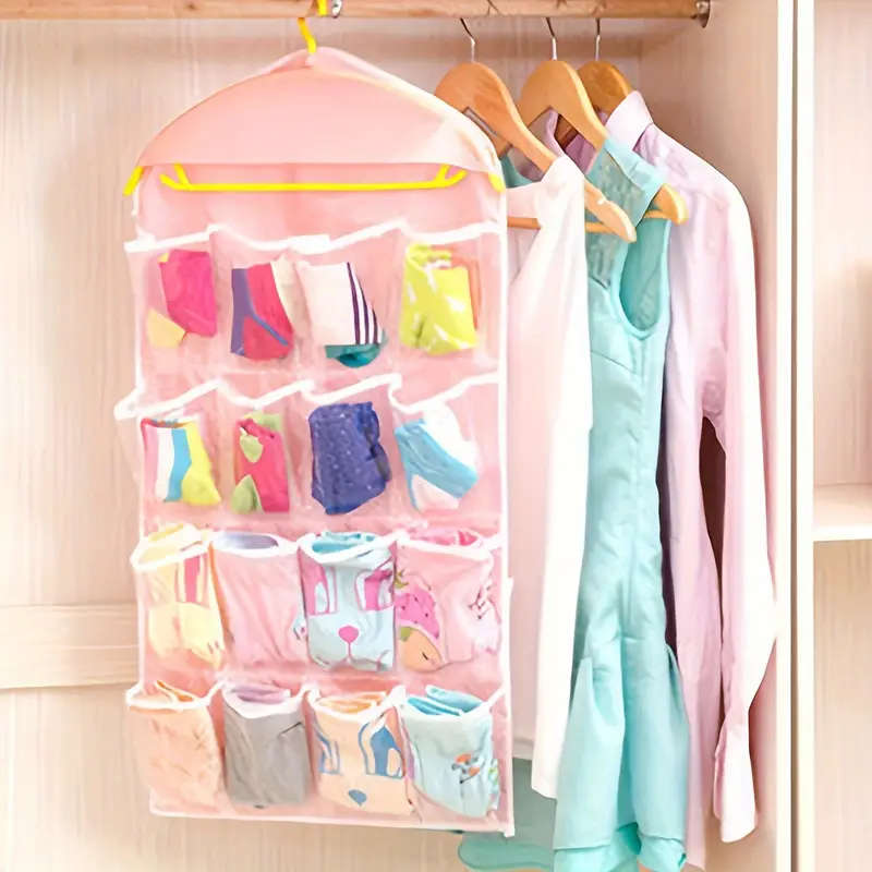 1pc Colorful 16-Pocket Hanging Storage Organizer for Socks Underwear Small Items Transparent Mesh De