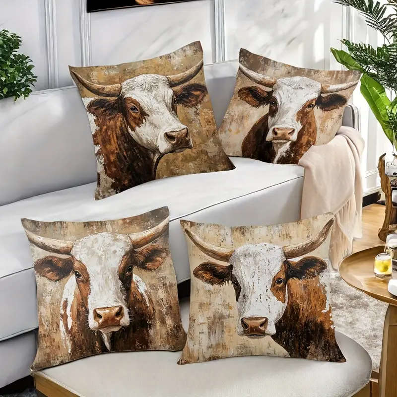4 Piece Rustic Cow Print Zipper Pillow Covers - Warm & Cozy