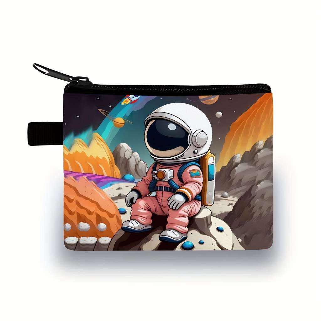 Women'S Casual Astronaut Space-Themed Coin Purse Durable Polyester Machine-Washable Zipper