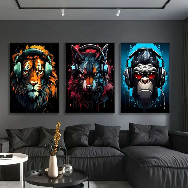 3 Piece/Set Unframed Modern E-sports style Wearing headphones Tiger Wolf Chimpanzee Painting