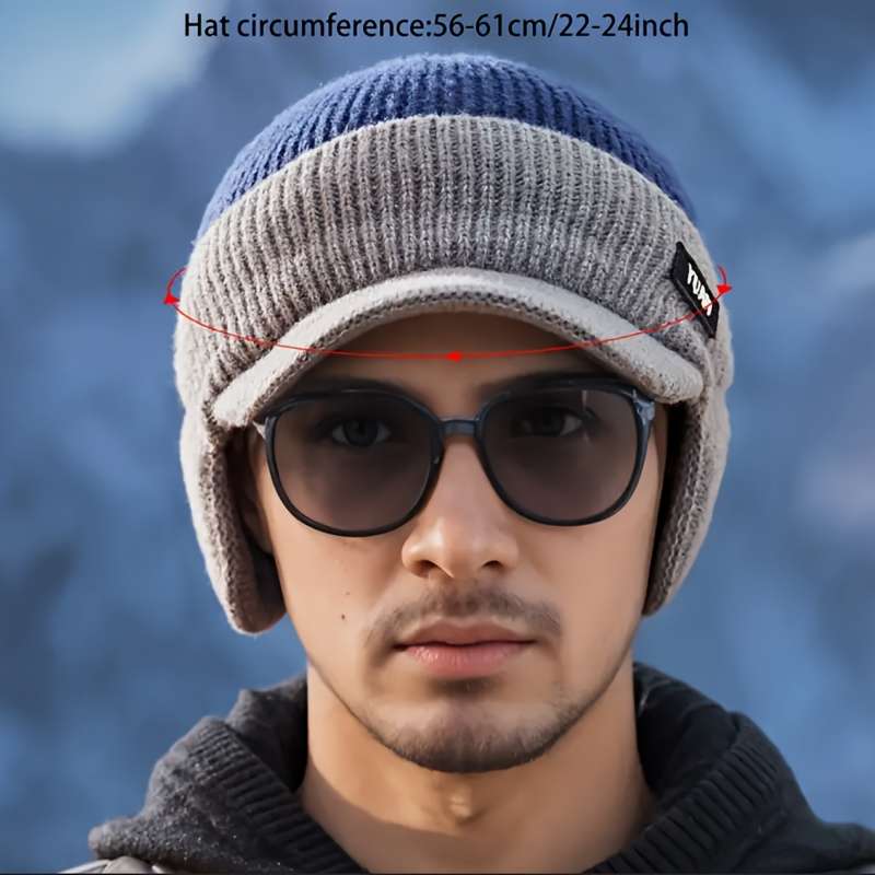 1pc Men'S Winter Ear-Protecting Knitted Cap with Fleece Warm Duckbill Hat for Outdoor Youth Cyclin