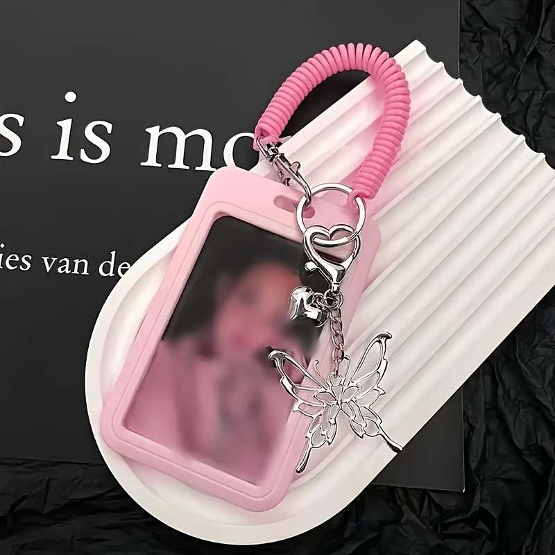 Butterfly Spring Photo Holder Keychain Durable Plastic Card Case Cover Photo Album Accessory