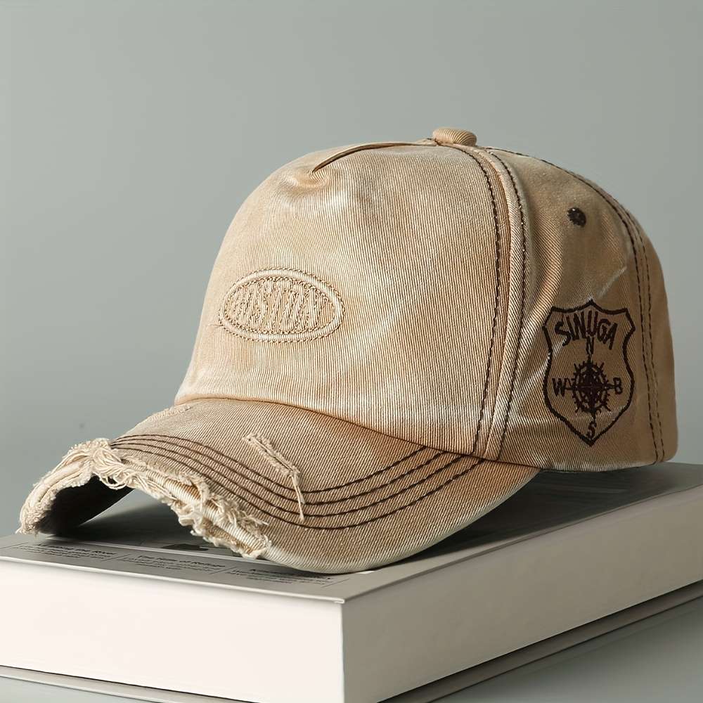 Vintage Washed Denim Baseball Cap With Boston Embroidery Lightweight Soft Top Wide Brim