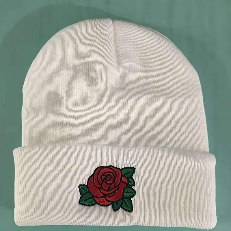 Embroidered Rose Beanie Hat 100% Acrylic Knit Cap with Elasticity Lightweight Winter Headwear